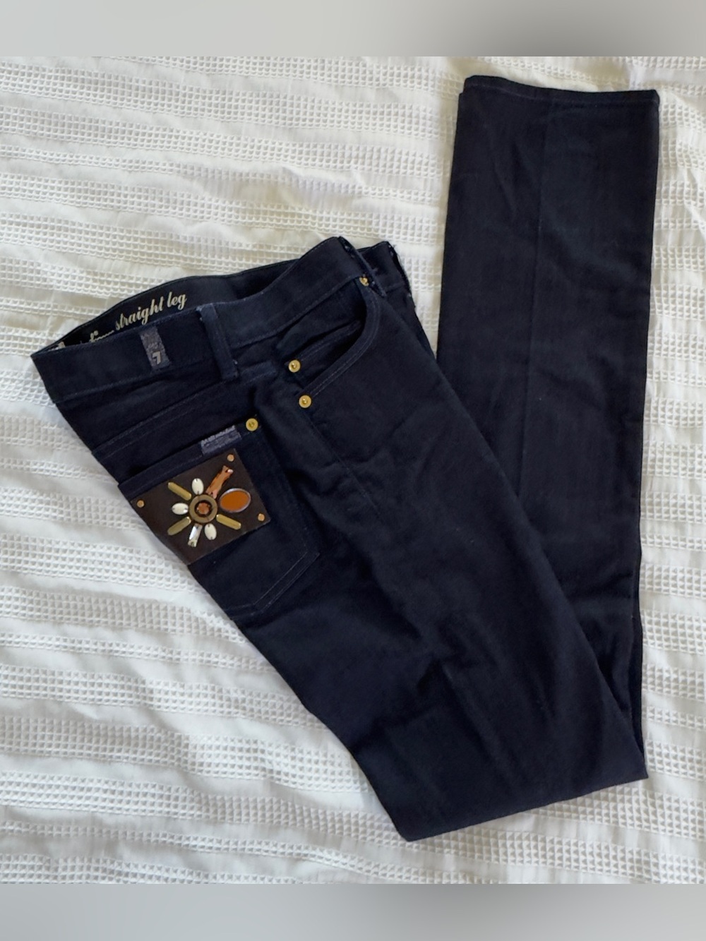 New 7 Seven For all Mankind Straight Leg Sz 25 Leather patch And Stone